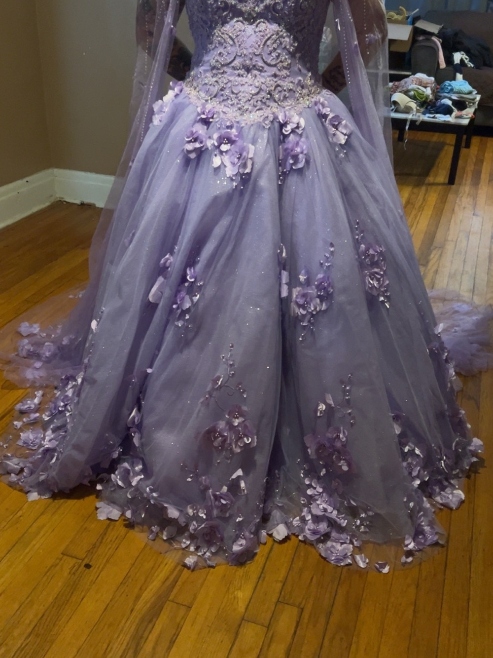 Lilac Tulle Ball Gown Prom Dress with 3D Floral Embellishments
